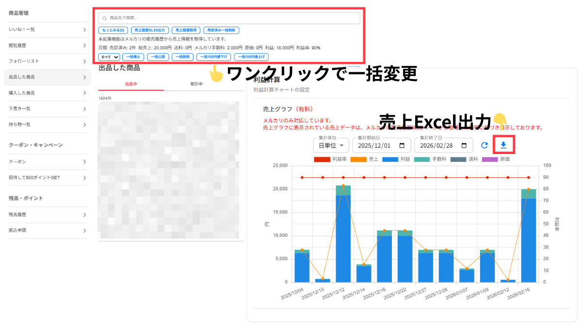 フリマ王コピー出品 売上集計・一括価格変更画面 — 利益率グラフ・Excel出力